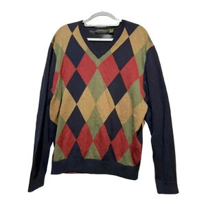Eildon Hills Argyle Extrafine Merino Wool VNeck Sweater Multicolor  L Academia